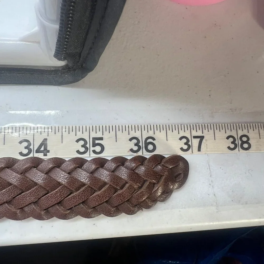 Vtg Braided Brown Leather Belt Gold Buckle Adjustable Women Sz M/L 37